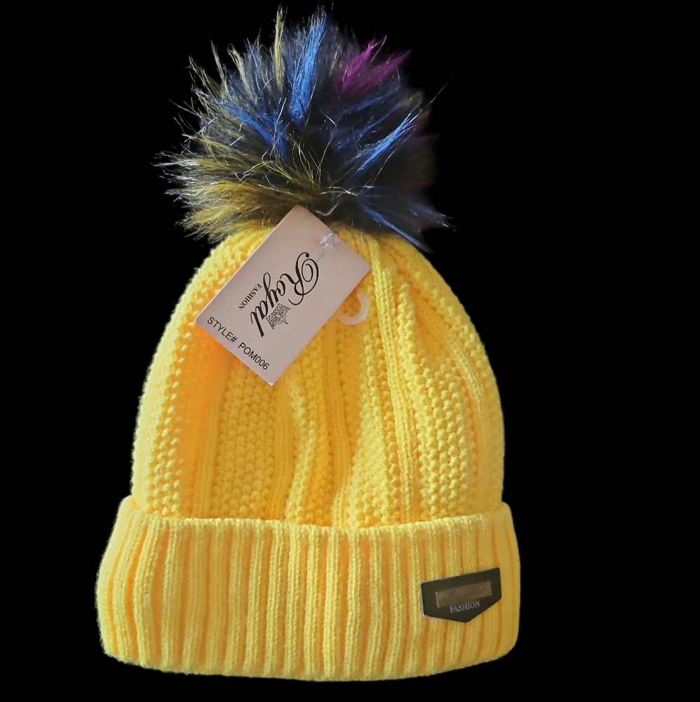 Yellow Knit Hat with Multicolor Pom Pom